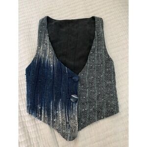 Woven Vest Women XS Asymmetrical Blue Ombré Silk Back Lagenlook Art To Wear